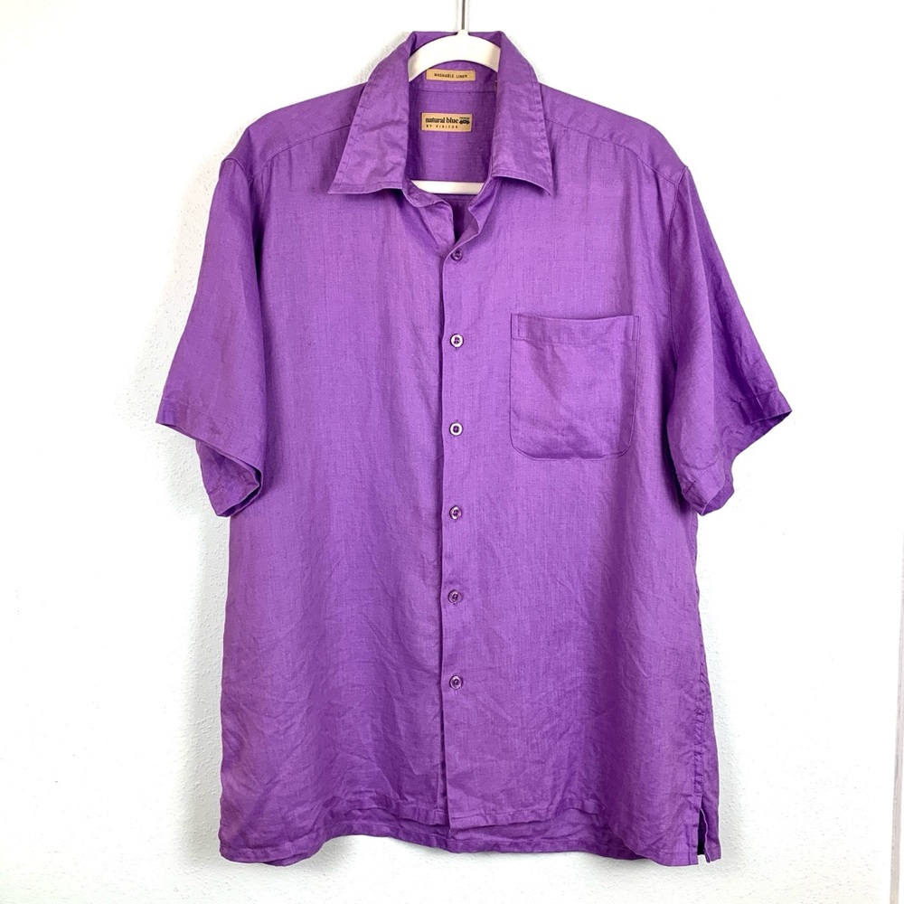 100% Linen ‘Natural Blue by Visitor’ Men’s Purple Button Down SS Shirt, Size L
